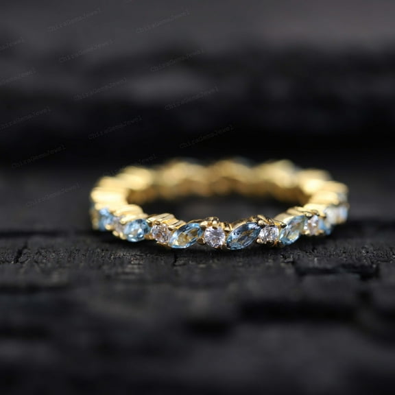 Vintage Aquamarine Enagement Band Yellow Gold Plated Art Deco Eternity Band Wedding Bridal Diamond Jewelry Christmas Gift For Wife