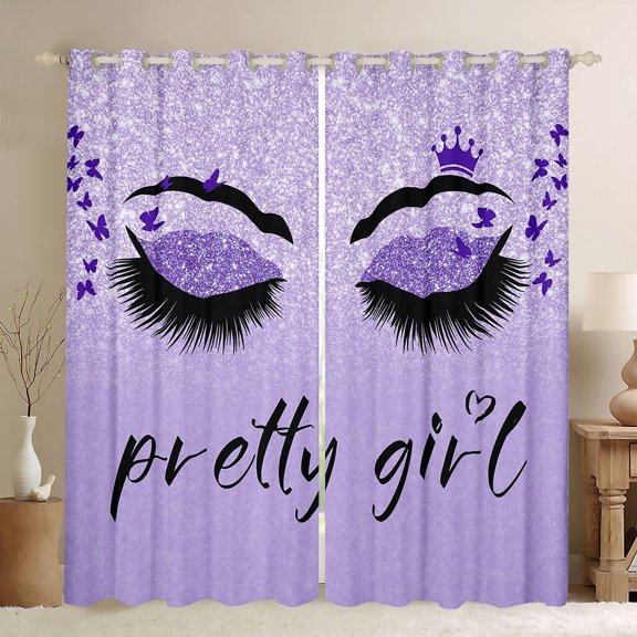 Homewish Chic Sparking Print Black Out Curtains,Kawaii Pretty Girl Curtains Pack of 2 (42x63 Each),Purple Black Bedroom Curtains For Men Women,Microfiber Bedroom Decor