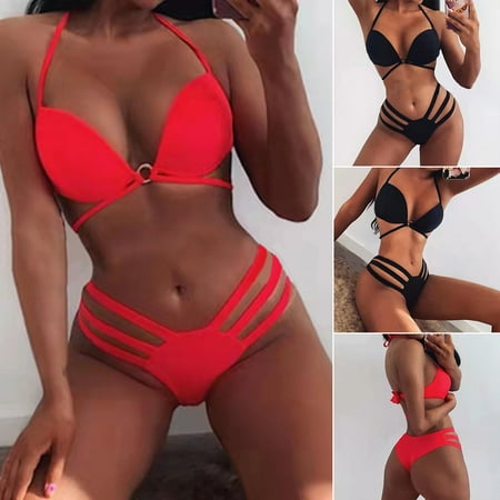 1 Set Bikini Set Halter Neck Multi Strap Solid Color Durable Women Swimsuit for Beach