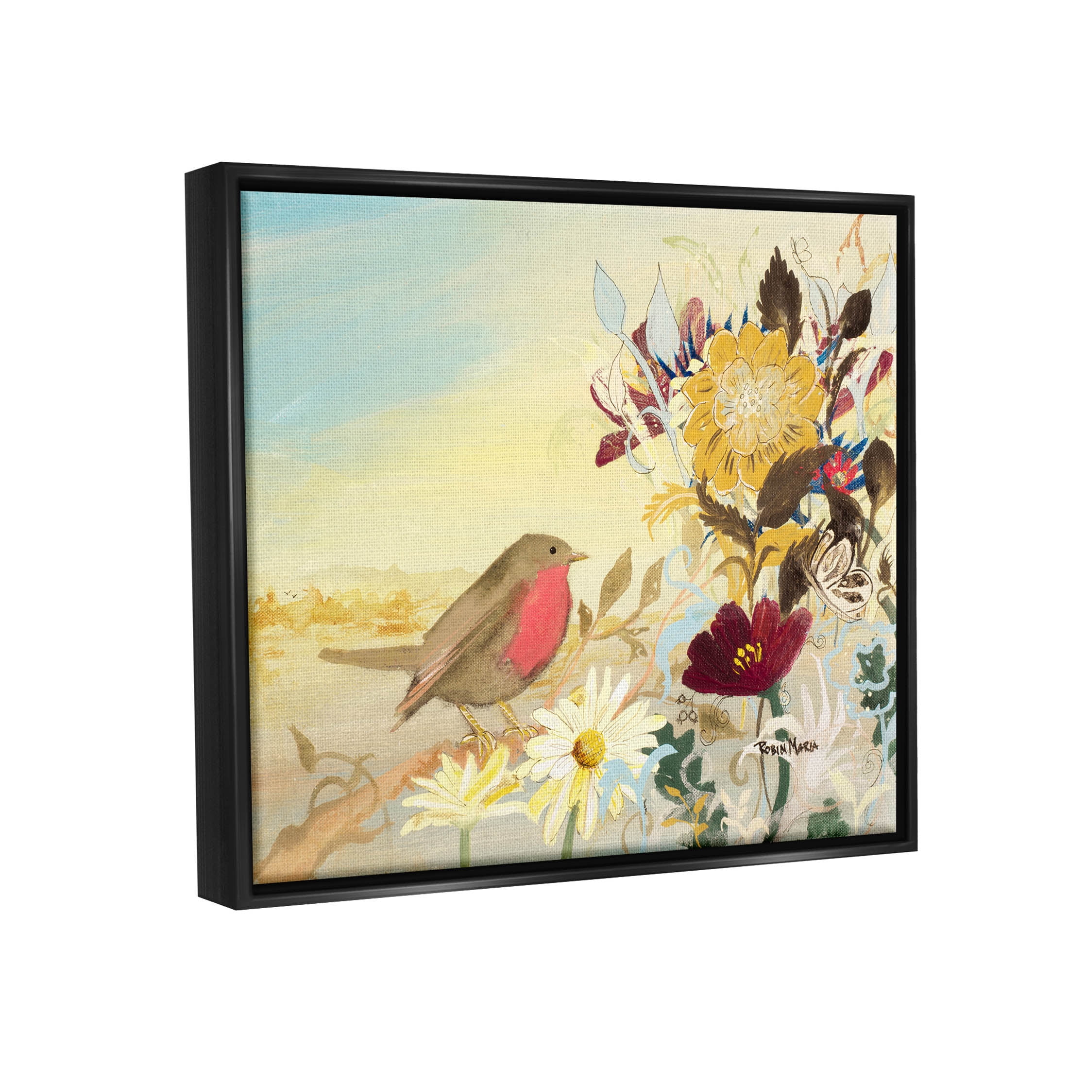 Stupell Industries Mixed Floral Bird Arrangement Painting Jet Black Floating Framed Canvas Print Wall Art, Design by Robin Maria