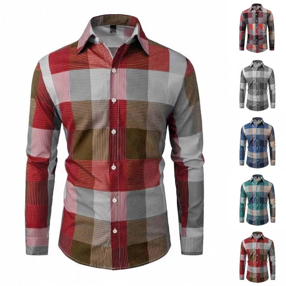 Mens Shirts Plaid Checkered Digital Print Button Long Sleeve Lapel Tops Casual Comfortable Shirt for Men Blue L