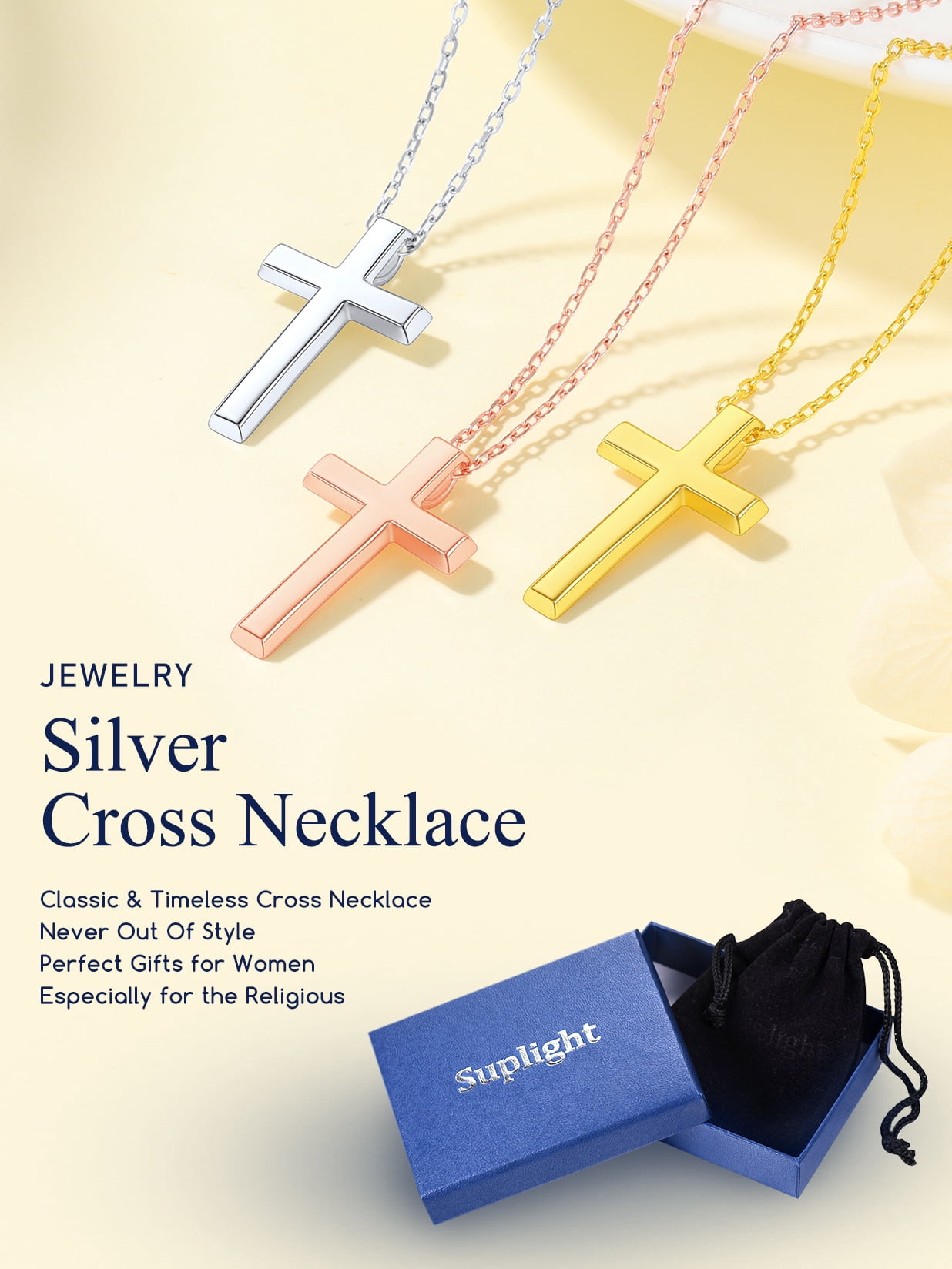 Suplight Cross Necklaces for Women, Rose Gold Plated Sterling Silver Faith Pendant Jewelry Gift for Women