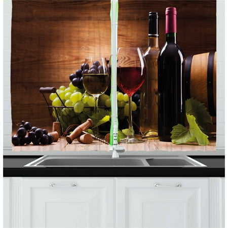 Grapes Window (Wine Curtains 2 Panels Set, Glasses of Red and White Wine Served with Grapes French Gourmet Tasting, Window Drapes for Living Room Bedroom, 55W X 39L Inches, Brown Ruby Pale)
