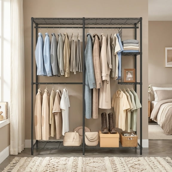 LEDREM Freestanding Clothes Rack , Metal Heavy-Duty Garment Rack/Wardrobe Closet with 3 Hanging Rods , 4 Shelves , Adjustable/Removable Parts , Tool-Free Assembly for Home Storage ,Ink Black