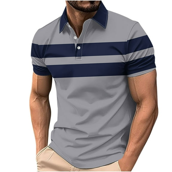 Men's Striped Henley Shirt Short Sleeve Slim Fit Button Up T-Shirt Stylish Casual Golf Tennis Tees Tops