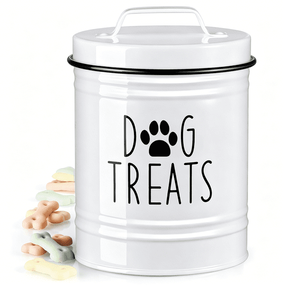 ACDANC Small Dog Treat Container Airtight - 6" Tall X 4.9" Round White Dog Treat Jar for Kitchen Counter - Rustic Treat Storage Canister for Dogs,Cats,Small Animals - Gifts for Pet Owners