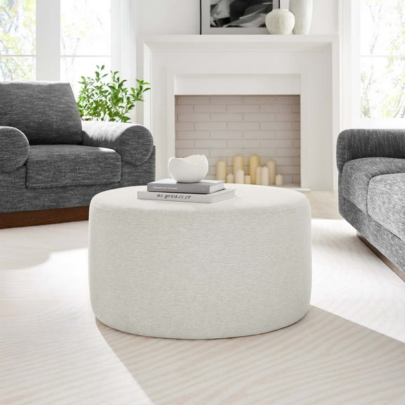 Modway Callum Large 29" Round Woven Heathered Fabric Upholstered Ottoman in Heathered Weave Ivory