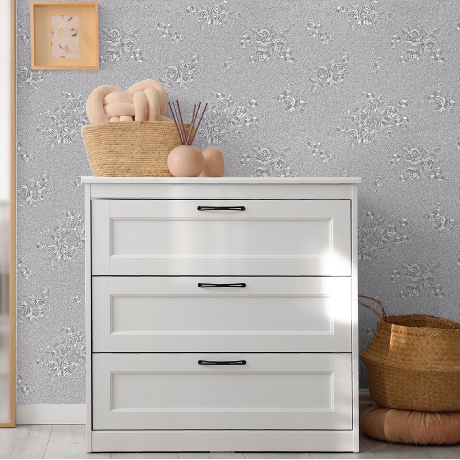 UMIGGEE Light Grey Wallpaper 17.7" x 118" Embossed Rose Self Adhesive Wall Paper Gray Peel and Stick Wallpaper Vinyl Contact Paper for Home Decoration Cabinet Furniture Renovation
