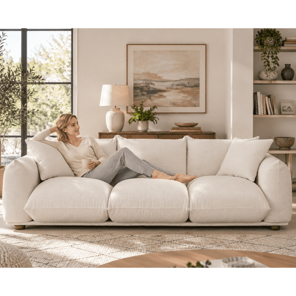 100'' Cream Boucle Upholstered Sofa, Modern Large Sectional Couch for Living Room