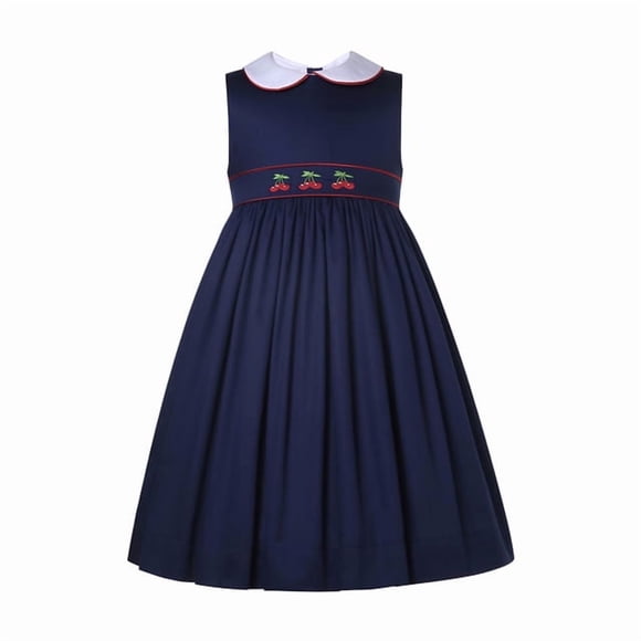 2023 Summer Kids Children Elegant Navy Blue Smocked Embroidery Dresses for Baby Girls Casual Siblings Matching Outfits
