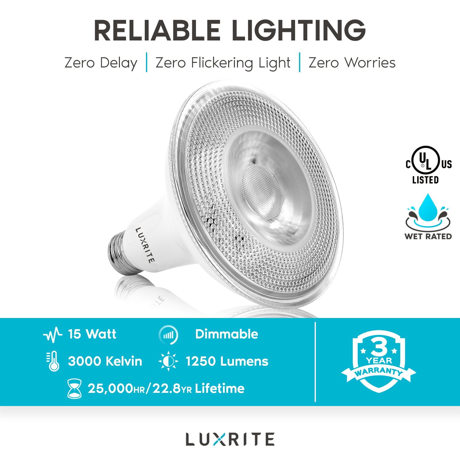 Luxrite 4-Pack LED PAR38 Flood Light Bulb 3000K Soft White 1250 Lumens 15W Dimmable Wet Rated E26 Base UL Listed