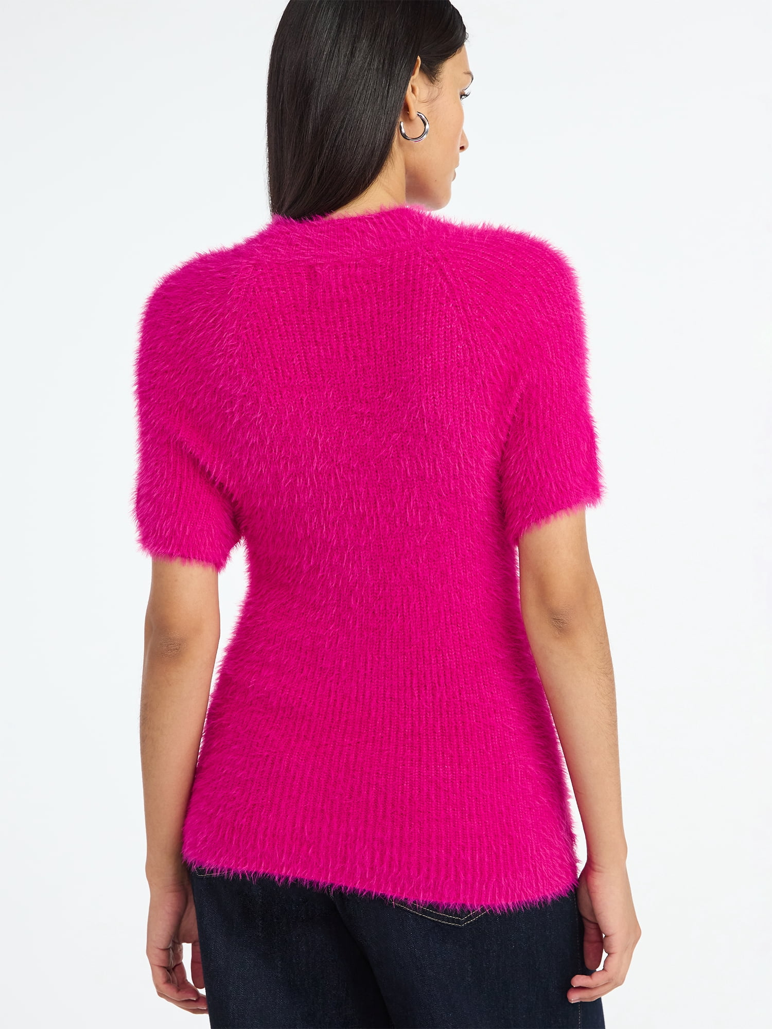 Scoop Women’s Fuzzy Sweater Top with Short Sleeves, Lightweight, Sizes XS-XXL