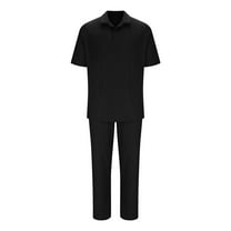Stamzod Mens 2 Piece Outfits Summer Solid Color Turndown Shirts and Pants Daily Casual Loose Plus Size Vacation Outfits for Men with Pocket Black L
