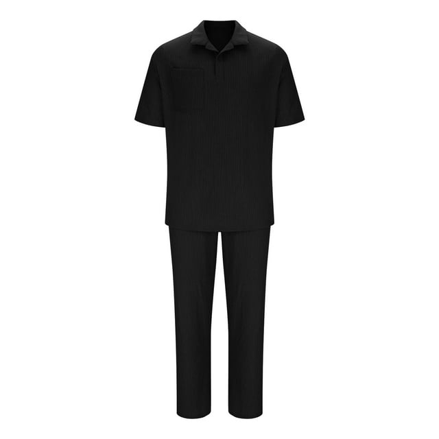 Blusa de Manga Corta Casual Sólido Turndown Cuello Superior Y Pantalones Traje Conjunto, Traje de Moda de Poliéster para Hombres, Lavado de Manos Primavera Verano