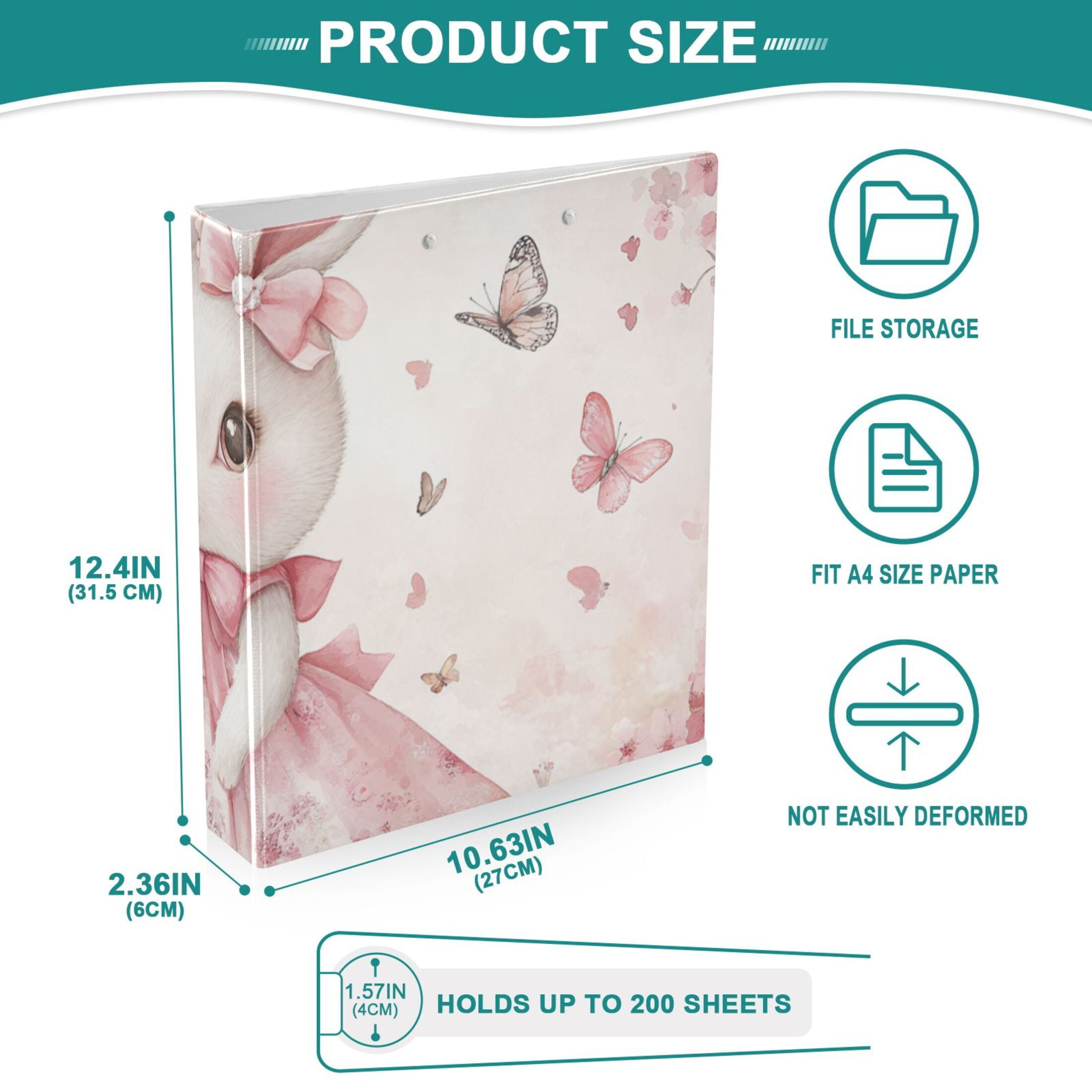 Cute Bunny Princess Flowers 3 Ring Binders 1.5 inch Hardcover File Folders with Interior Pockets A4 Size Organizer for School Office Hospital