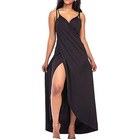 SAYFUT Women's Sexy Deep V-Neckline Bikini Wrap Swimsuit Cover Up Backless Long Beach Dress Plus Size Solid Color Black/Deep Gray/Pink (Best Swimsuit To Cover Belly)