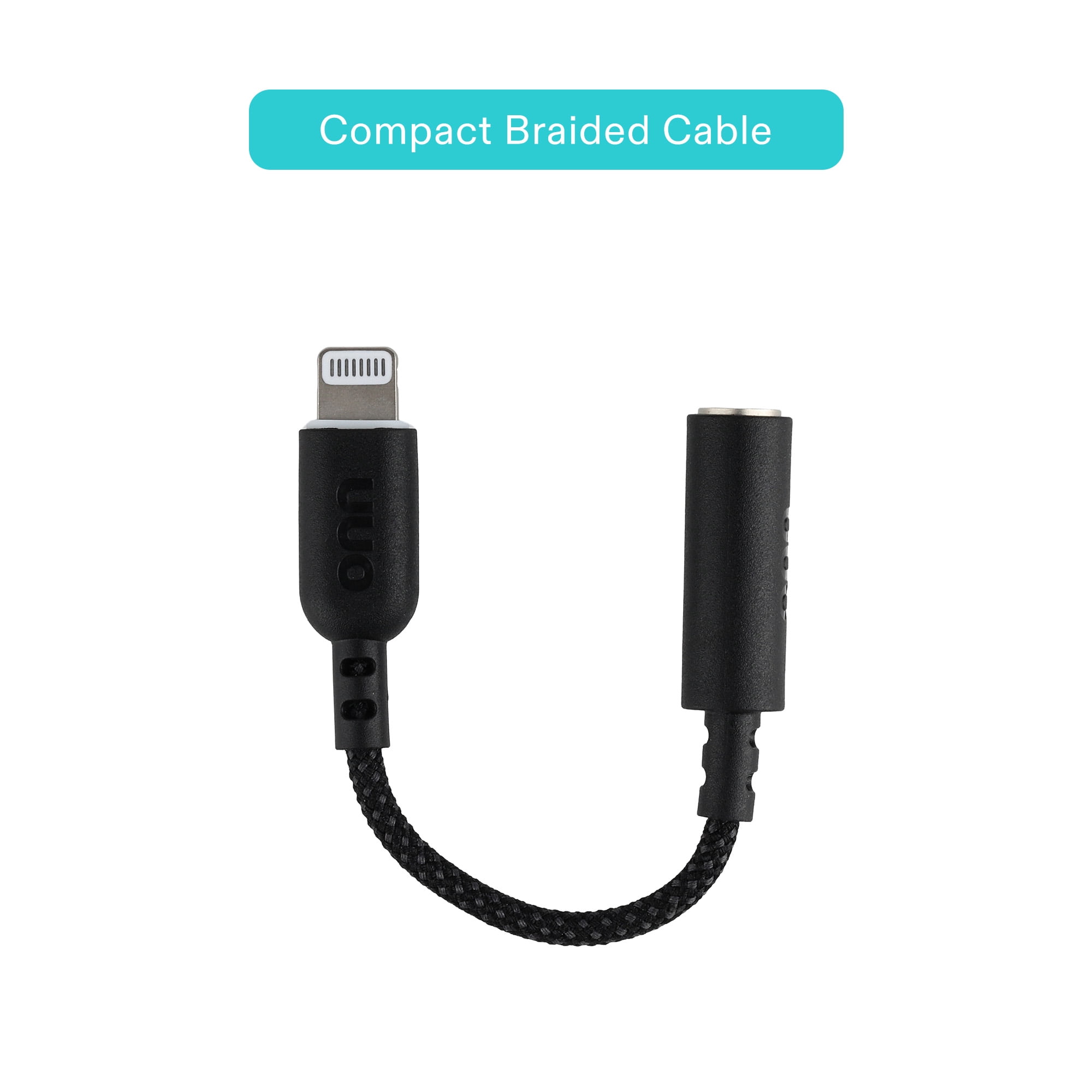 onn Braided Lightning to 3.5mm Aux Adapter, Black