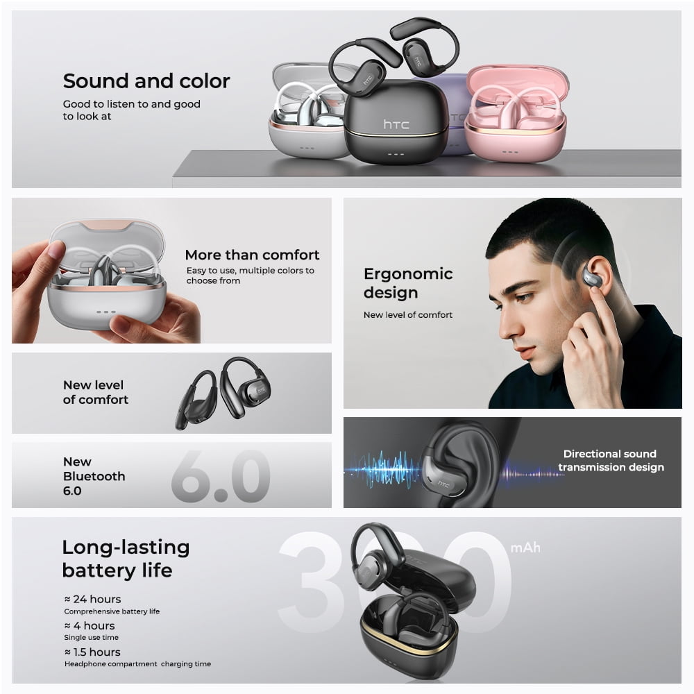 NE18 Bluetooth 5.4 Wireless Open-Ear Headphones - AI Translator, Noise-Cancelling, 130+ Languages, 24H Playtime, IPX5 Waterproof, Gray + Earbud Case