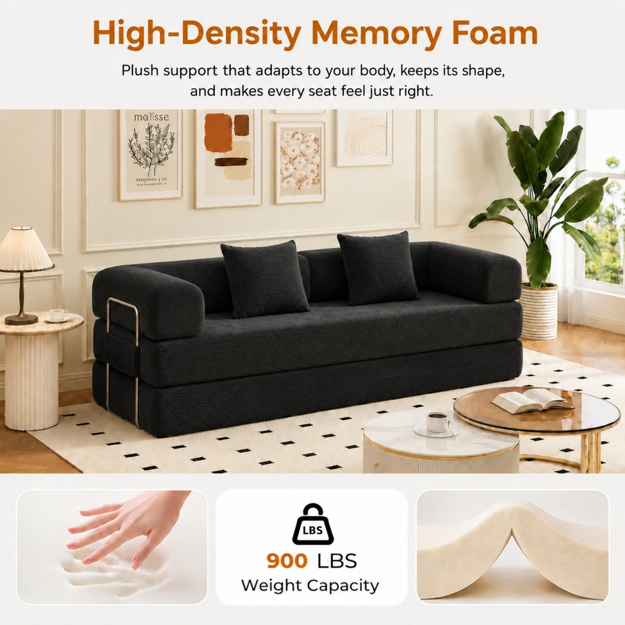 DEALTOPS 79" Convertible Corduroy Floor Sofa Bed, Modular Sleeper Couch with Memory Foam, Black