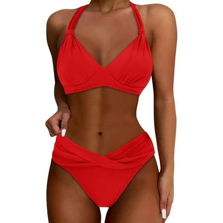 Womens Swimsuits Solid Color Lace Up Halter Push Up Bra And Panty Set Vintage Two Piece Tankini Swimsuits For Women Swimwears Activewear Red L