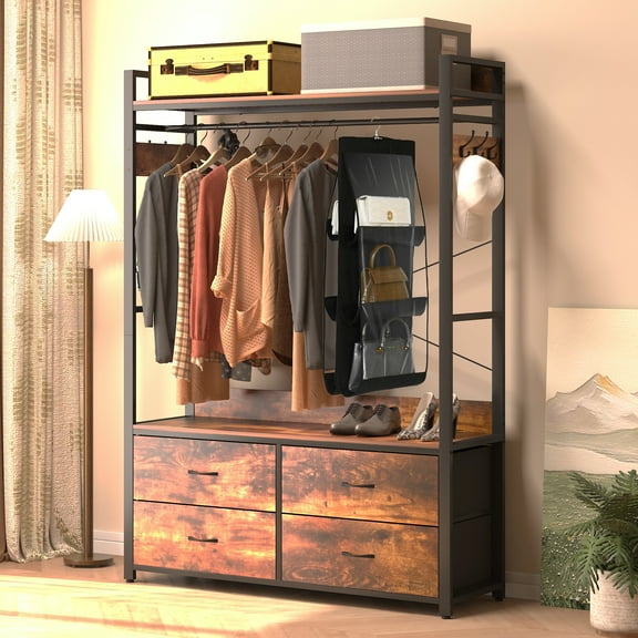 Chnnmbrn Clothes Rack with Drawers,Garment Rack with Hanging Rod,Industrial Clothing Rack with Bag Storage,Freestanding Closet Organizer System for Storing Clothes,Shoes,bags, hats,Brown