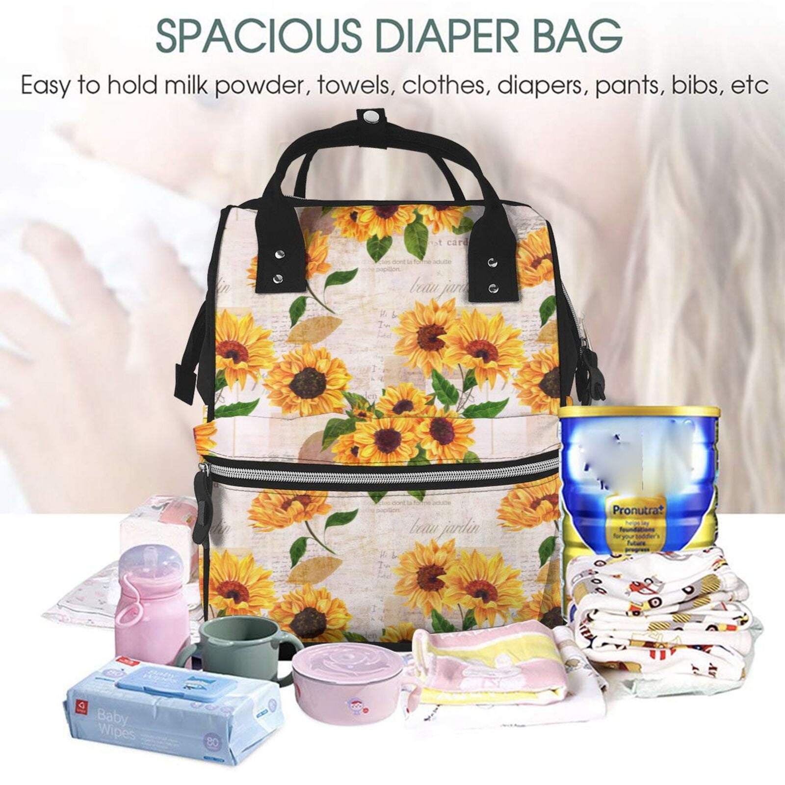 Ratiio Sunflower 5 Mummy Backpack - Waterproof Twill Canvas, Large Capacity Diaper Bag with Multiple Pockets and Adjustable Straps