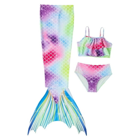 Toimothcn Girls Swimsuits Sleeveless Casual Colorful Fish Scale Printed 3 Piece Tail Bikini Set Quickly Dry Cover Up Swimwear 10-11 Years