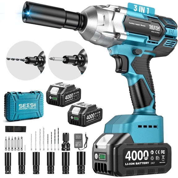 Seesii Cordless Impact Wrench 1/2 inch, High Torque 479 ft-lbs(650Nm) Brushless Impact Gun,2500RPM ,2x4.0 Battery, 6 Sockets,8 Drill Bits, Power Driver for Car Home