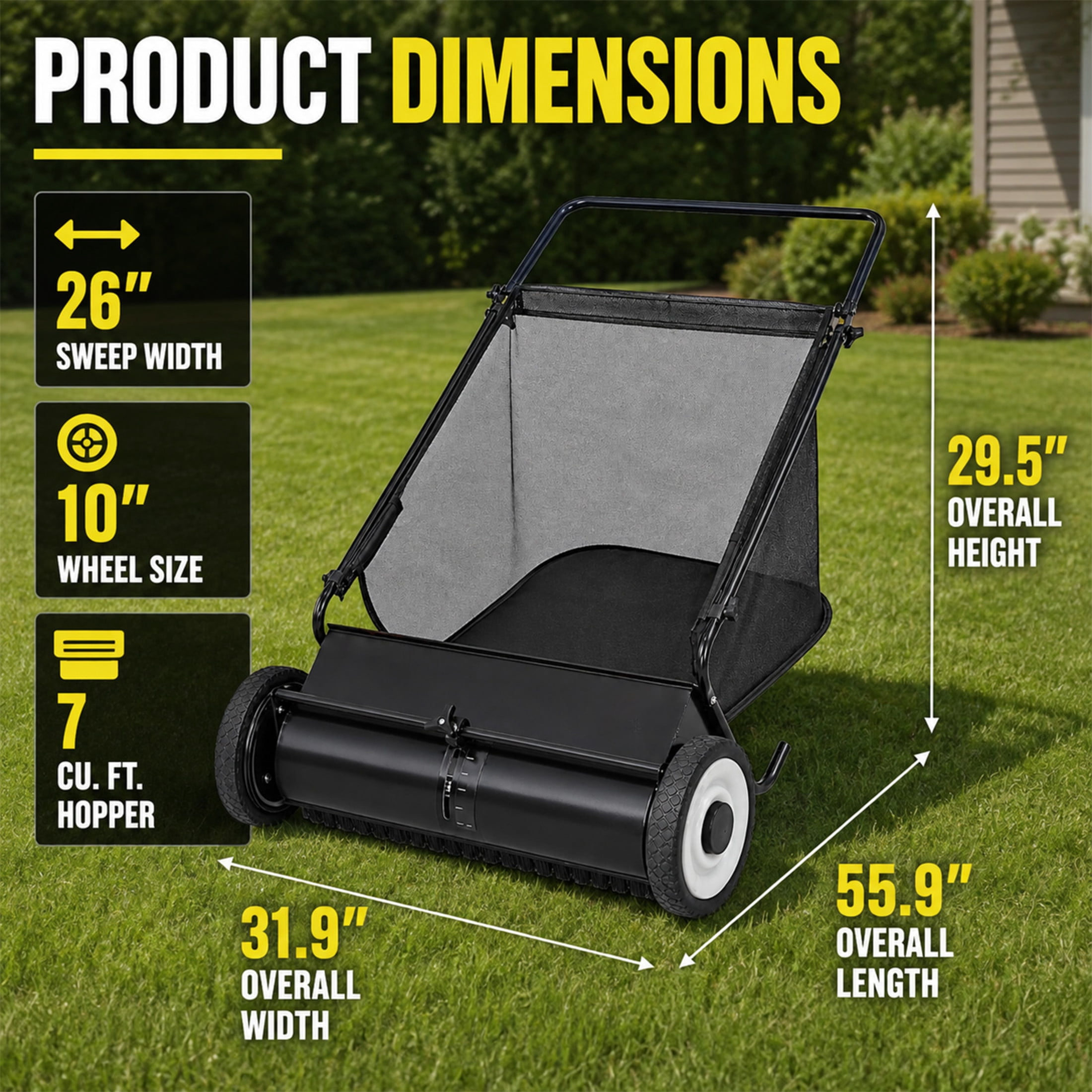 GDF Studio 26" Push Lawn Sweeper with 7 Cu. Ft. Large Hopper & 4 Rotating Brushes, Heavy-Duty Steel Frame, Black