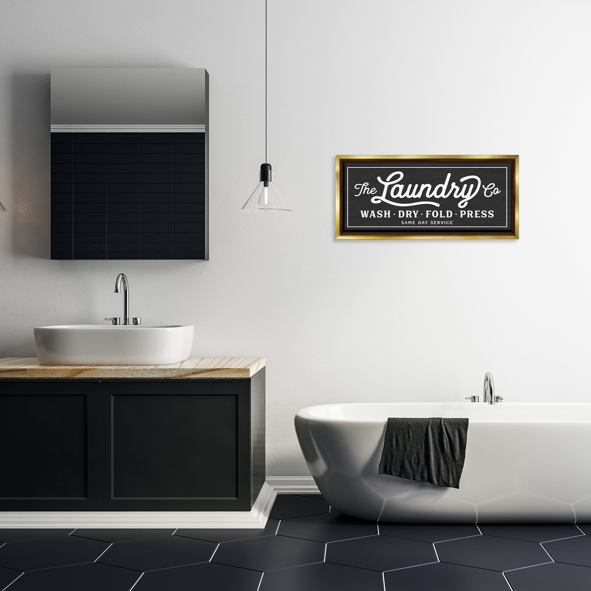 Stupell Industries Vintage Laundry Sign Cursive Typography Abstract Painting Gold Floater Framed Canvas Art Print Wall Art, 31 x 14