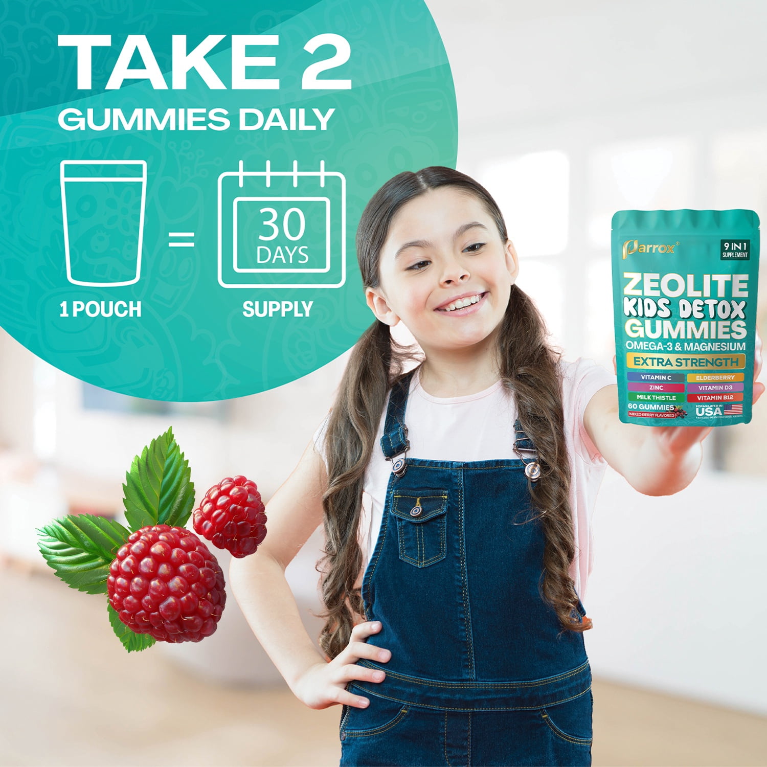 Parrox Zeolite Detox Gummies for Kids, Elderberry Extract 10mg, Kids Detox, Immune & Gut Health, Energy, Brain & Bone, Omega-3, D3, B12, Mixed Berry, 60 count