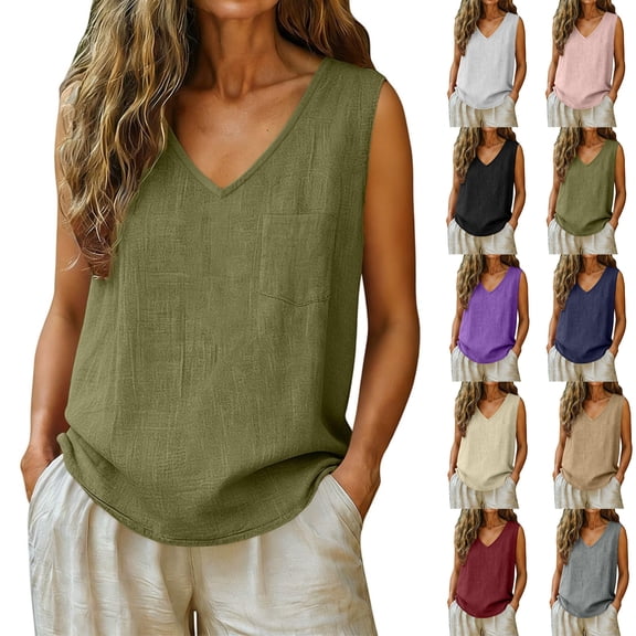 Cotton Linen Tank Tops for Women Lightweight V Neck Sleeveless Summer Shirts Gauze Loose Causal Athlete Camisole 2026 Purple M