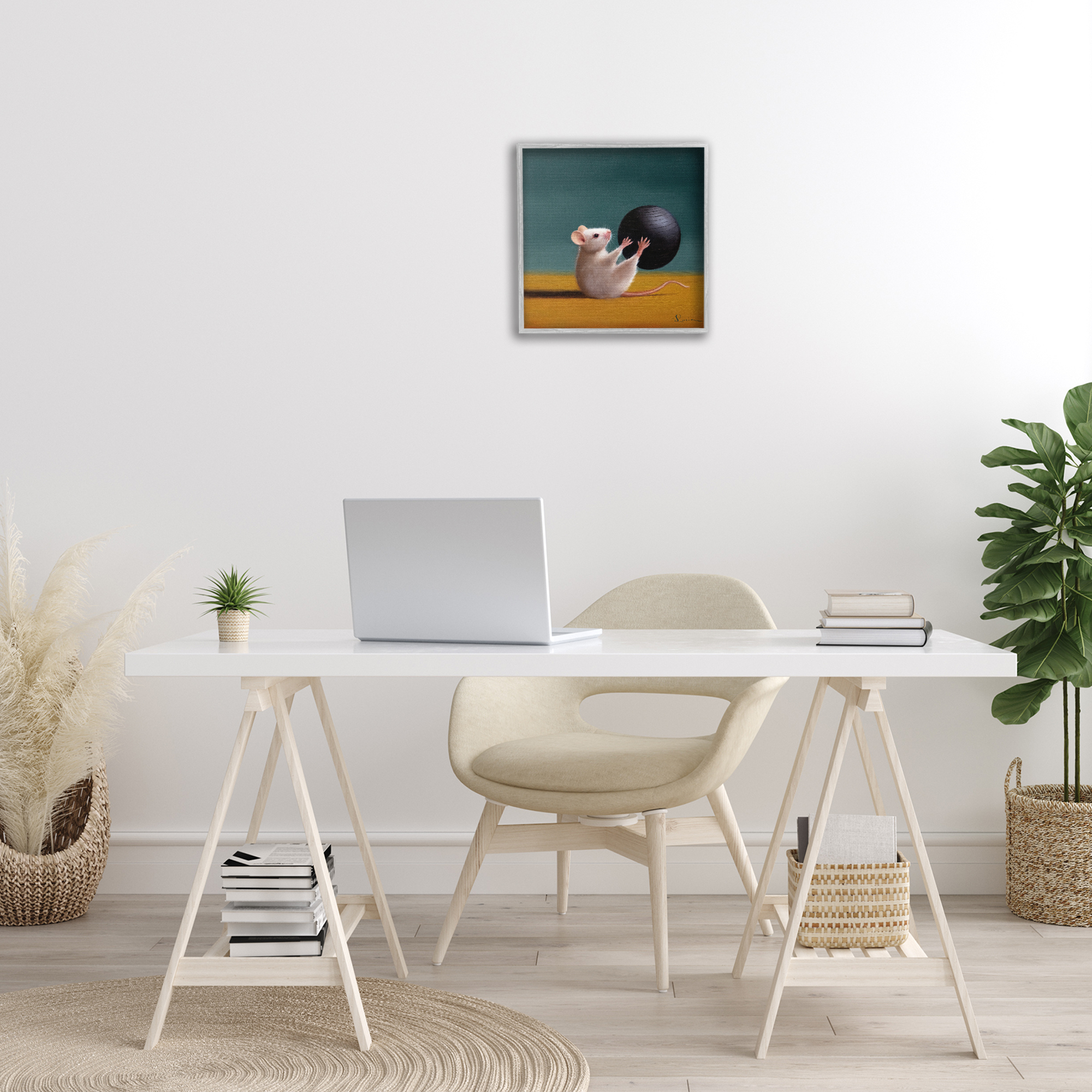 Stupell Industries Mouse with Exercise Ball Animals & Insects Painting Gray Framed Art Print Wall Art, 17 x 17