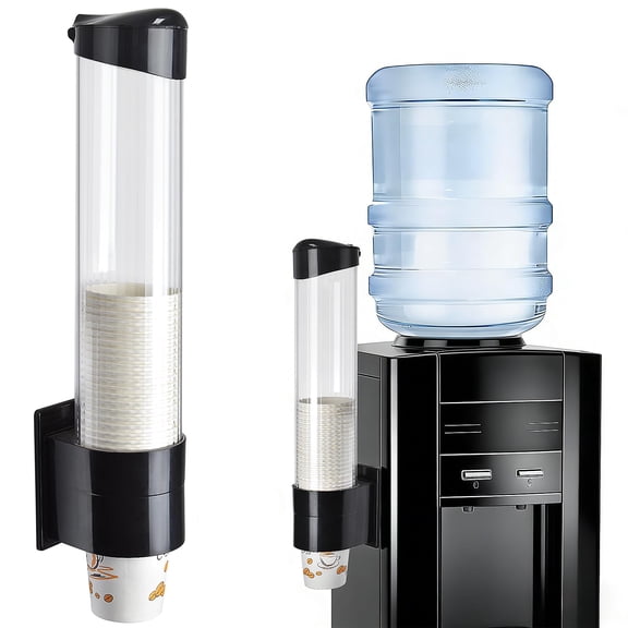 Cup Dispenser,Water Cooler Pull Type Cup Holder Fits 7oz - 12oz Cone or Flat Bottom Cups,Paste or Screw Plate Wall Mount,16.9" Tube Length Black