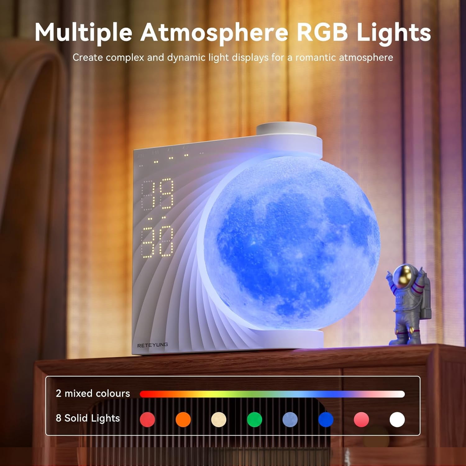 Sunrise Wake Up Light 3-in-1 Moon Dual Alarm Clock  With RGB Light & Natural Sounds