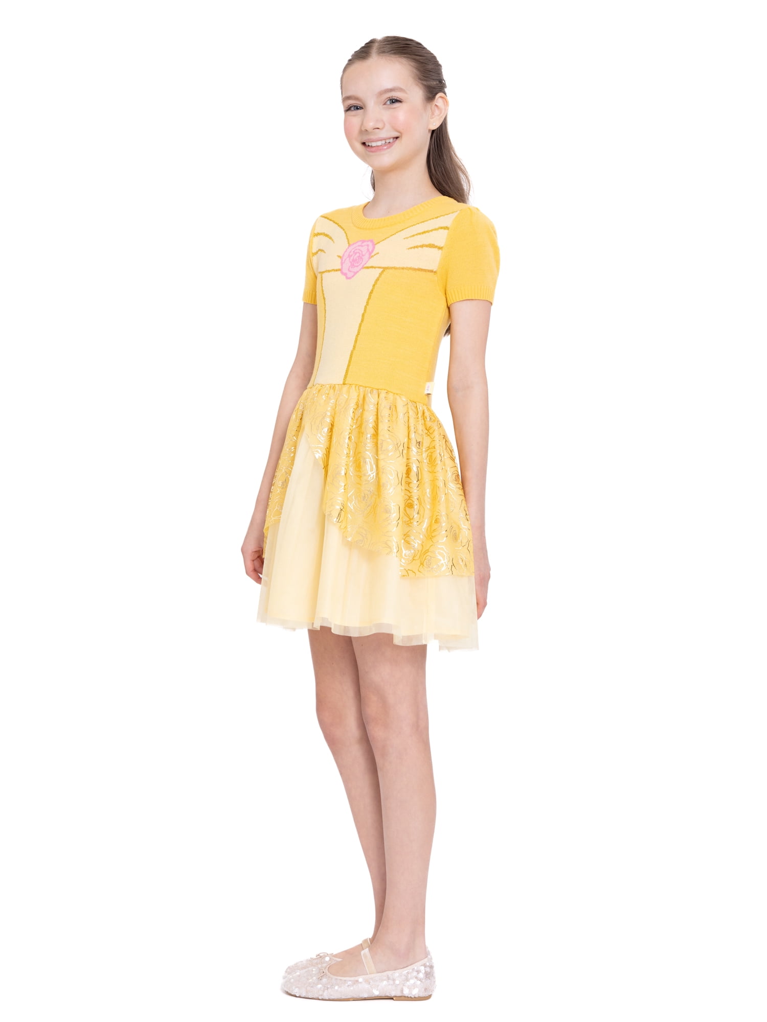 Girls Disney Princess Beauty and the Beast Belle Cosplay Short Sleeve Sweater Dress, Sizes 4-12