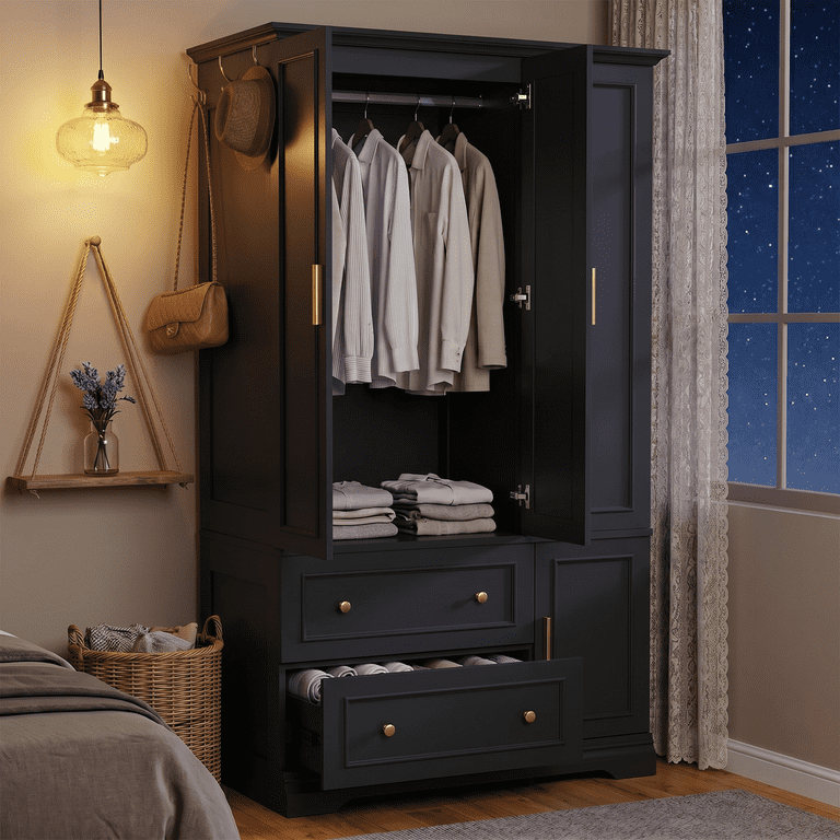 Lacoo Armoire Wardrobe with 3 Doors, 2 Drawers & Hanging Rod, Freestanding Closet Cabinet with Side Hooks for Bedroom, Black
