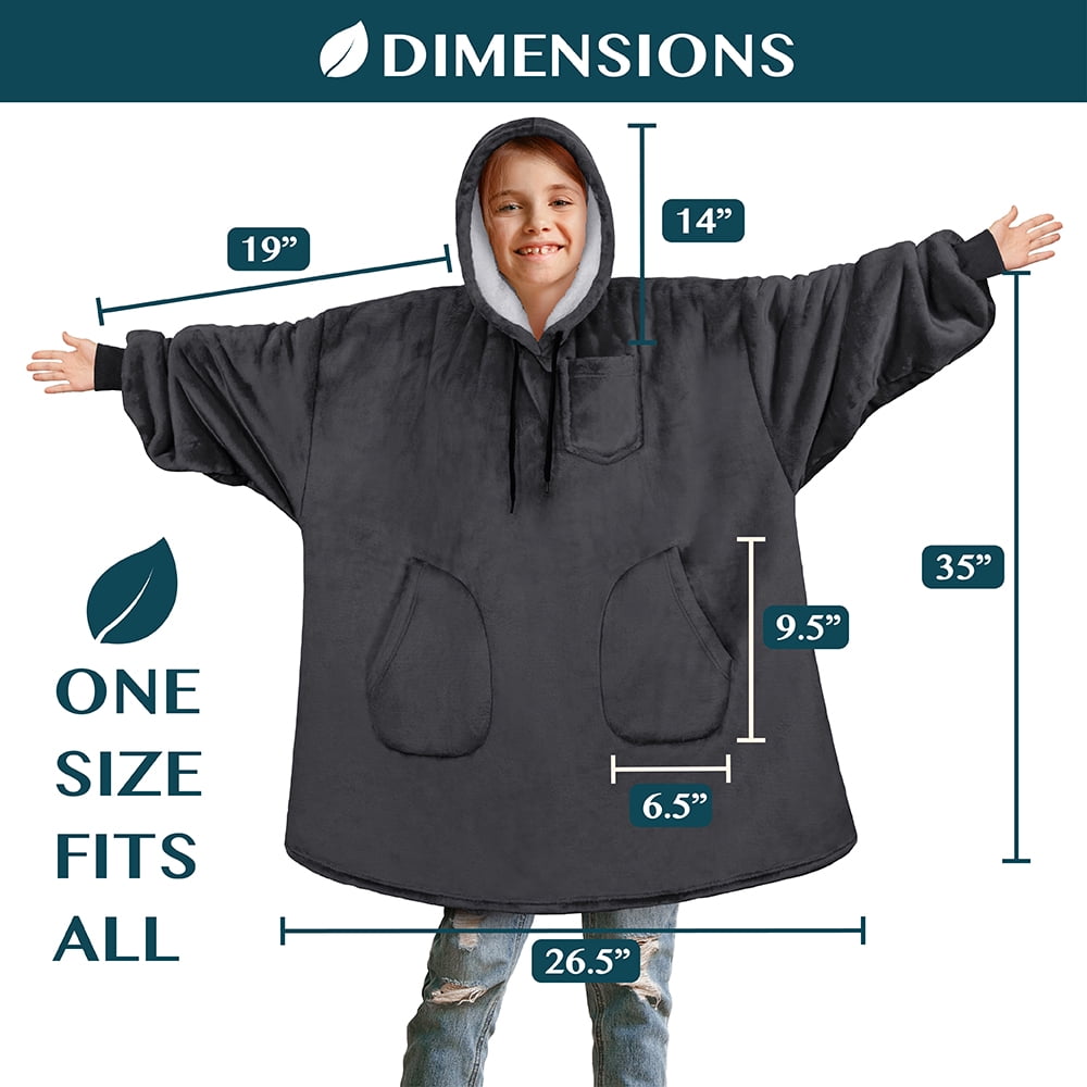 PAVILIA Wearable Blanket Sweatshirt for Kids Boy Girl, Warm Cozy Giant Hoodie with Two Pockets and Long Sleeves, Fleece Sherpa Oversized Hooded Blanket Pullover Gift for Teens Youths, Gray