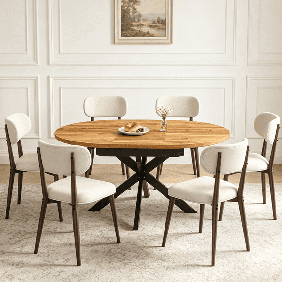 43.2"-59.2" Extendable Round Dining Table Set for 4-6,7 Piece Round Kitchen Table Set with 6 Upholstered Chairs for Kitchen Living Room, Space Saving