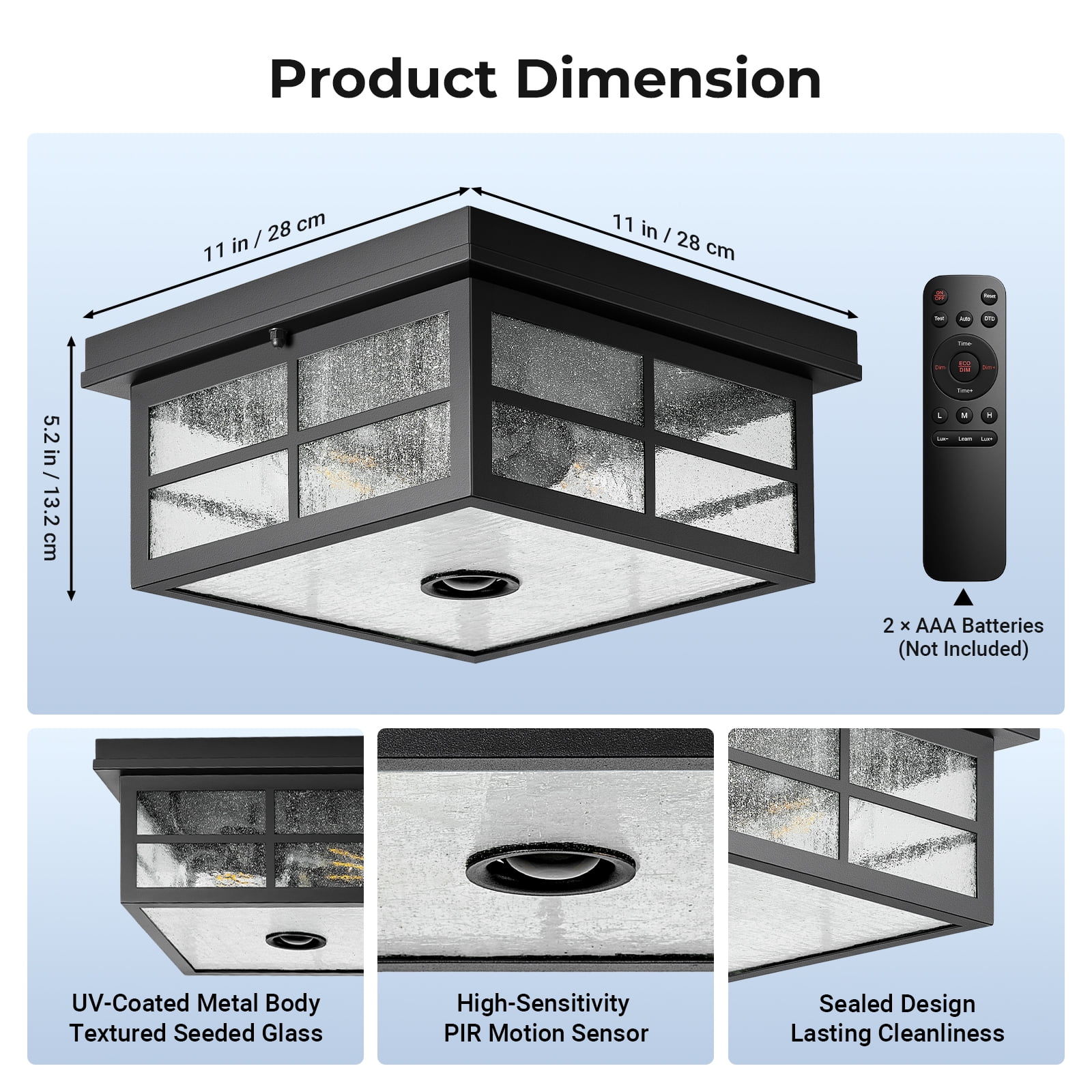 VIANIS Motion Sensor Outdoor Ceiling Light with Remote Control, 2-Light Black Modern Outdoor Flush Mount Light for Garage, Porch, Entryway, Square