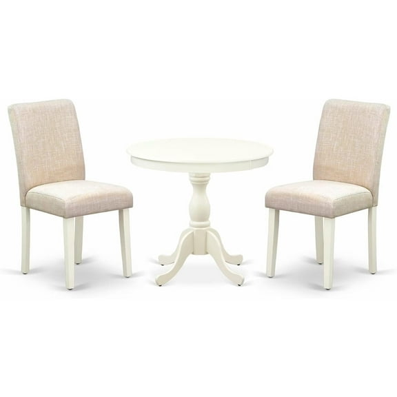 HomeStock 3 Piece Dining Room Set Contains a Round Dining Table with Pedestal and 2 Light Beige Linen Fabric Upholstered Chairs, 36x36 Inch,Linen White
