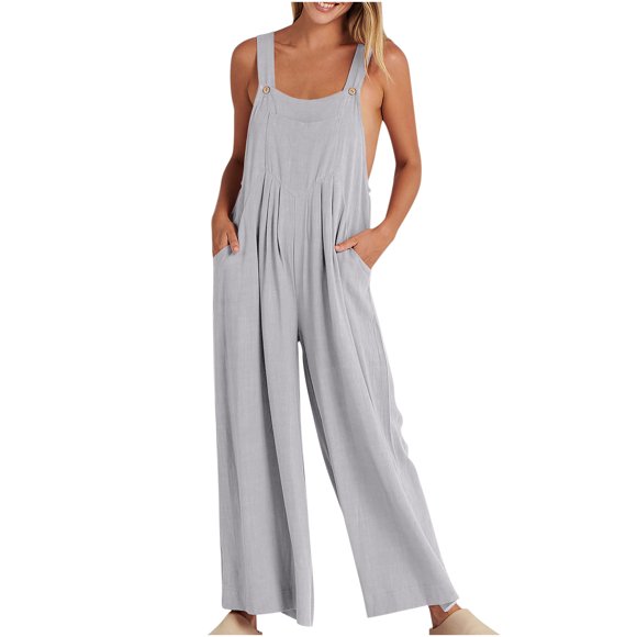 UPPADA Jumpers for Women Casual Cold Shoulder Jumpsuit Solid Button Strap Jumpsuits Wide Leg Pant Jumpsuit with Pockets Gray,M