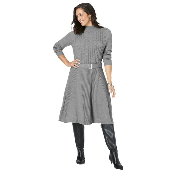 Jessica London Women's Plus Size Belted Cable Sweater Dress