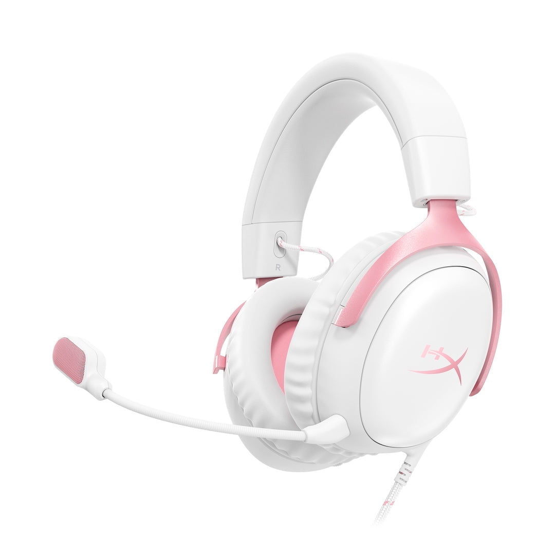 HyperX Cloud III – Wired Gaming Headset, PC, PS5, Xbox Series X|S, Angled 53mm Drivers, DTS, Memory Foam, Durable Frame, Ultra-Clear 10mm Mic, USB-C, USB-A, 3.5mm – White/Pink