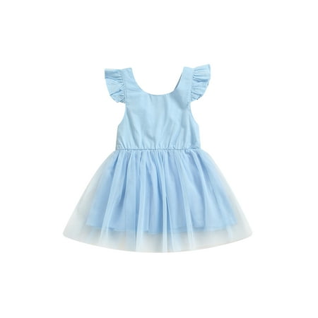 

Domingbub Toddler Kid Baby Girls Dress Round Neck Fly Sleeve Mesh Yarn Stitching A-line Princess Tutu Dress Blue 5-6 Years