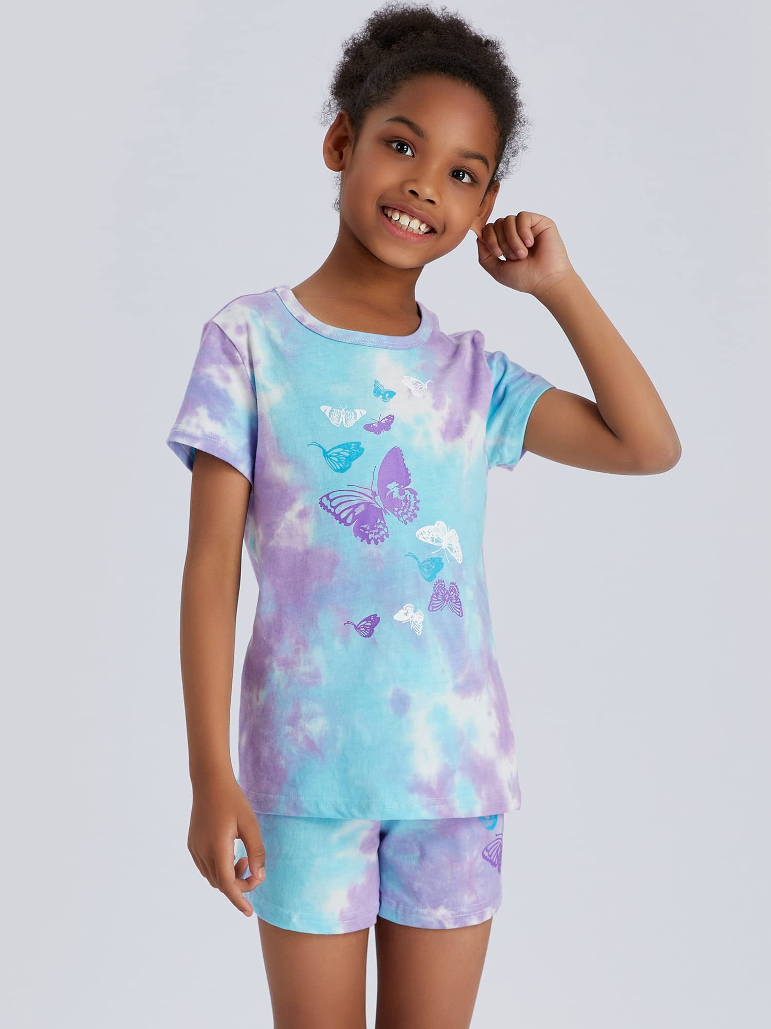 Beezizac Girls Pajama Set 2-PC Shorts Cotton Summer Tie Dye Butterfly Pjs Size 12