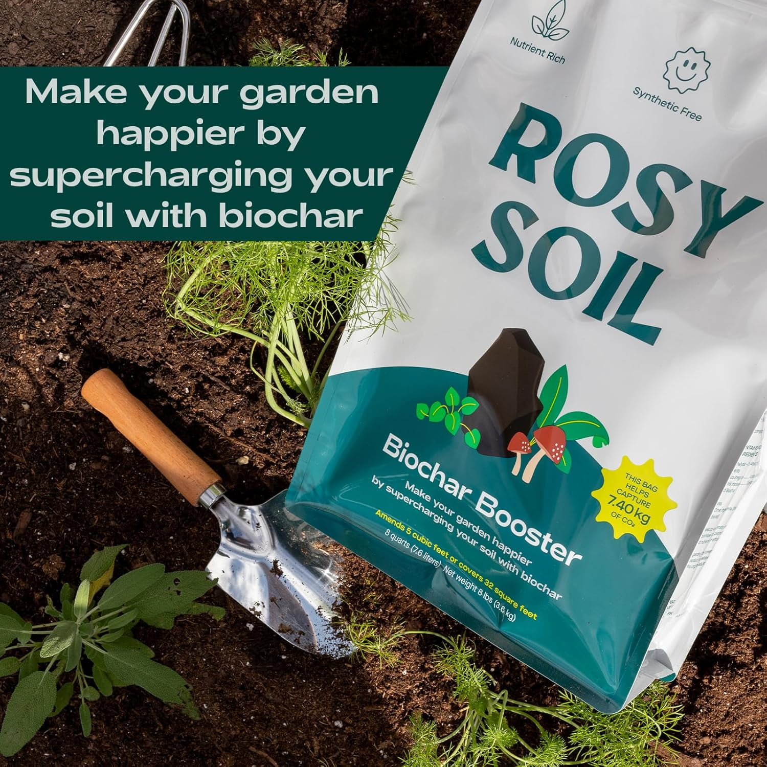Rosy Soil Biochar Booster Soil Amendment, Organic Biochar for Plants, Improves Soil Health & Water Retention, for Gardens, Raised Beds & Indoor Plants, 8 qt