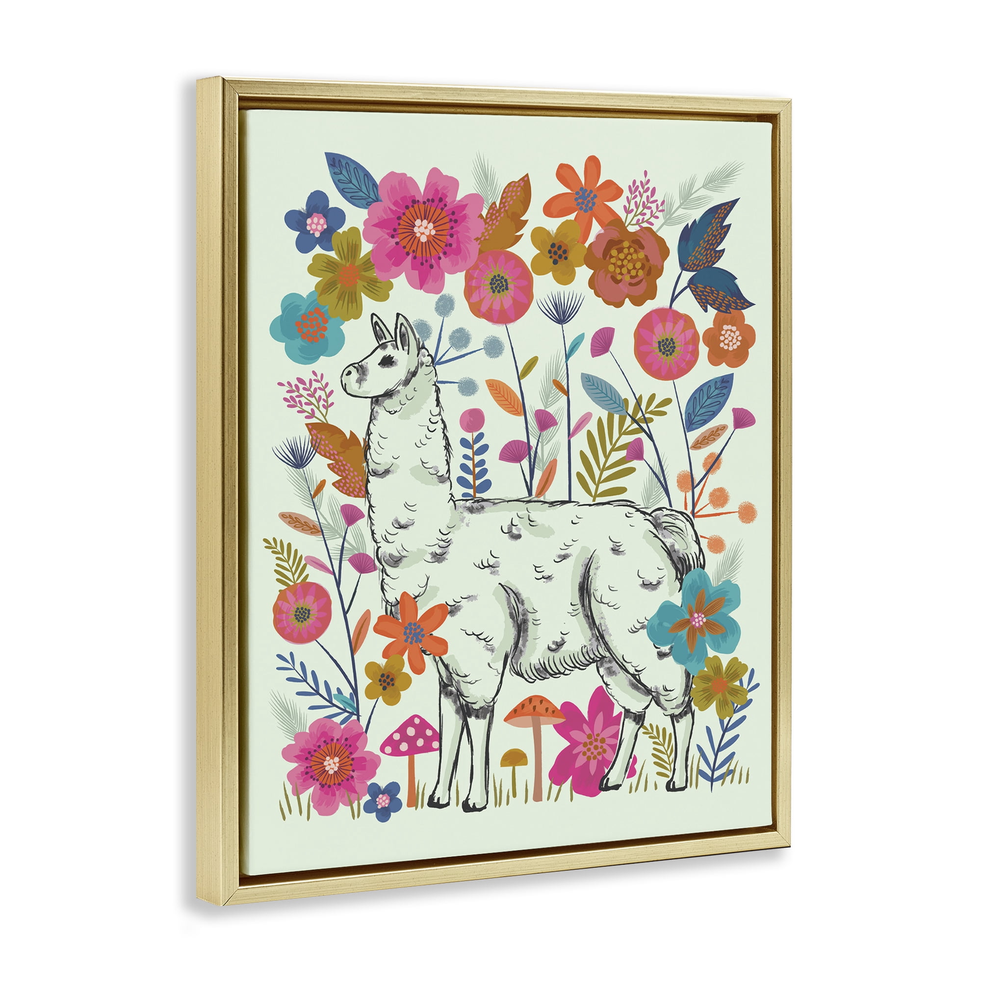 Stupell Industries Llama Among Bright Florals Animals Painting Gold Floater Framed Canvas Art Print Wall Art, 17 x 21