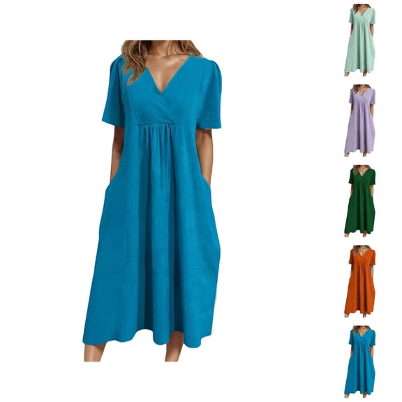 Tshirt Dress Women Cotton Linen Spring Summer Short Sleeve V Neck Smocked Loose Fit Flowy Midi Dress with Pockets
