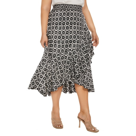 Beautybatik Black Women Batik Floral Print Long Flowy Pleated Elastic High Low Ruffle Skirt 2X